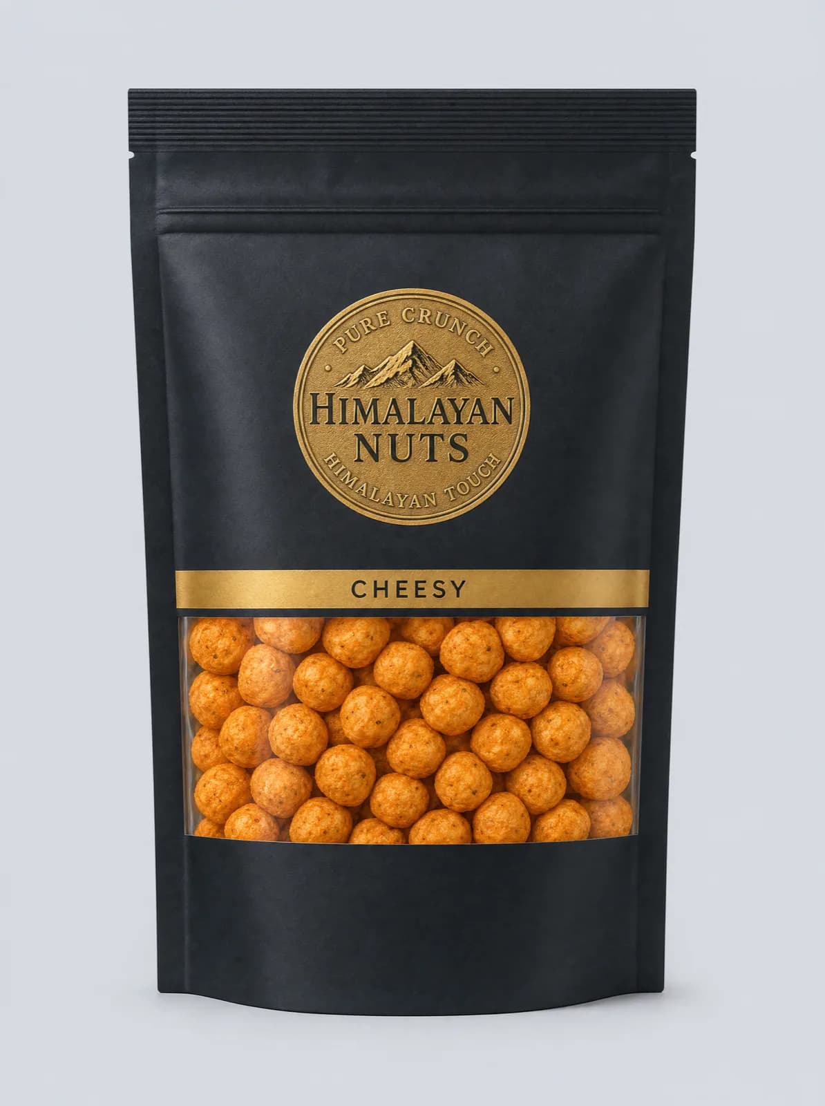 Matte black Himalayan Nuts pouch, gold seal and a Cheesy band, with a clear window showing orange cheese-coated fox nuts